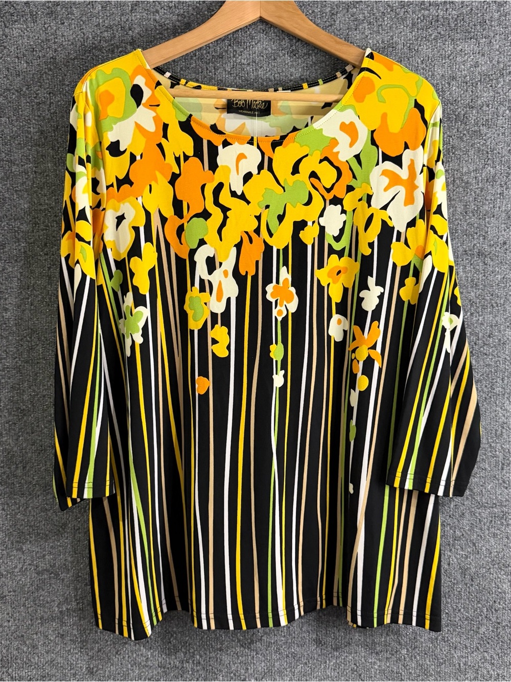 Bob Mackie Wearable Art Womens 1X Floral Stripe Tunic Top Yellow 3/4 Sleeve NWT